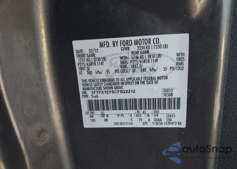 2012 Ford F-150 Xlt z USA, uszkodzony, nr VIN 1FTFX1EF6CFB22212